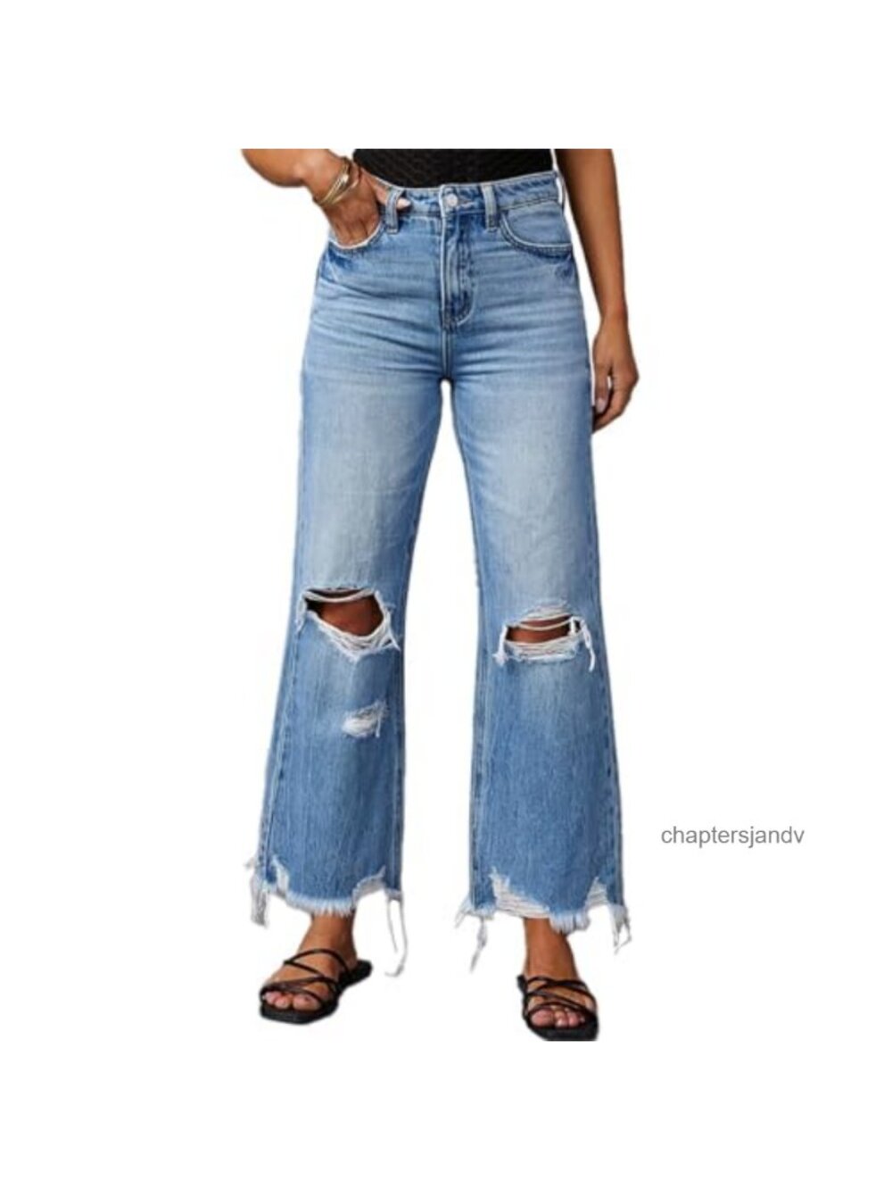 Women's Ripped High-Rise Bell Bottom Jeans Distressed Wide Leg Denim Pants